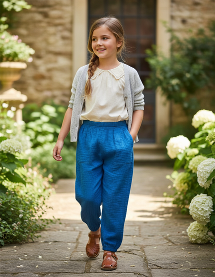 Pantalon En Lin Bleu Ample Décontracté Enfant Respirant