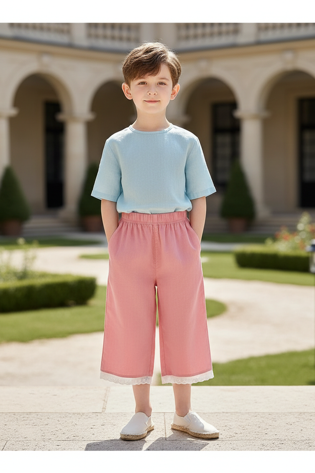Pantalon En Lin Rose Dentelle Ample Décontracté Enfant