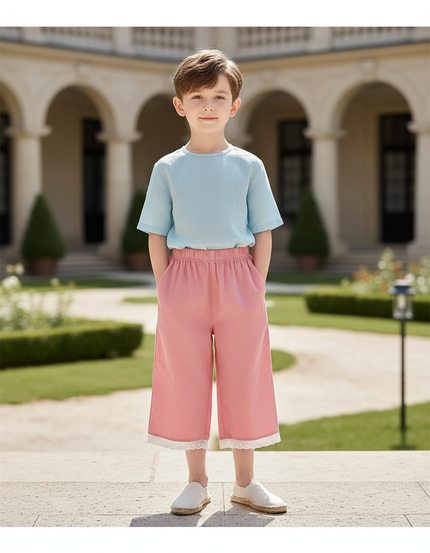 Pantalon En Lin Rose Dentelle Ample Décontracté Enfant