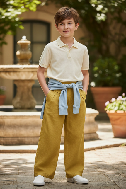 Pantalon En Lin Garçon Ample Décontracté Jaune Moutarde