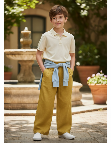 Pantalon En Lin Garçon Ample Décontracté Jaune Moutarde