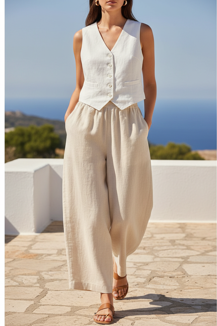 Pantalon En Lin Beige Ample Taille Élastique Fluide