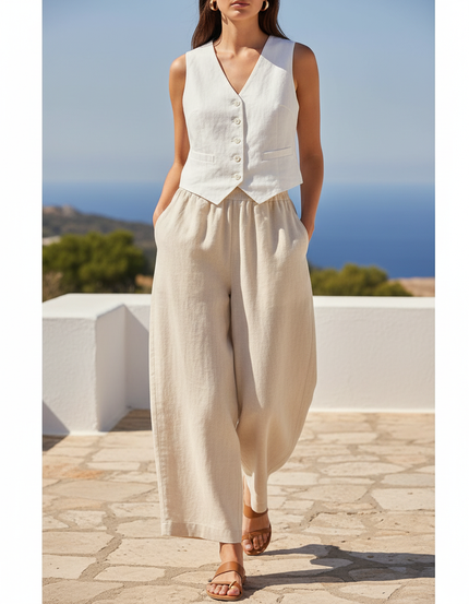 Pantalon En Lin Beige Ample Taille Élastique Fluide