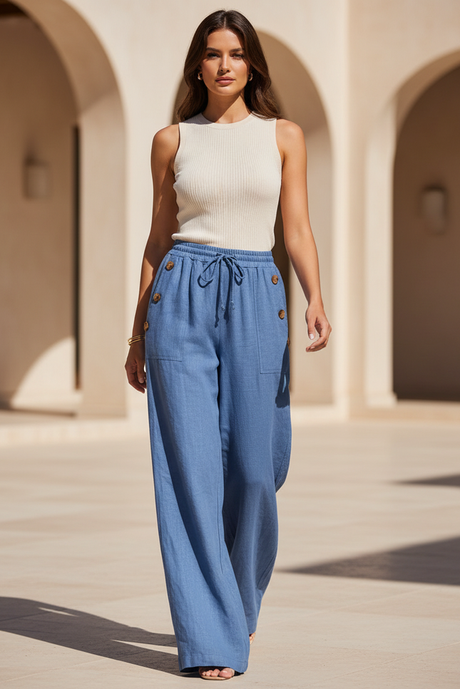 Pantalon En Lin Bleu Ample Fluide Décontracté Boutons