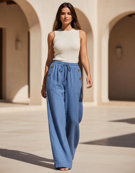 Pantalon En Lin Bleu Ample Fluide Décontracté Boutons