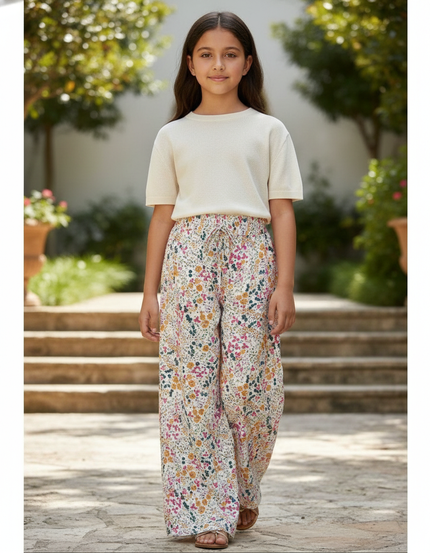 Pantalon En Lin Fleuri Ample Fluide Fille - Multicolore