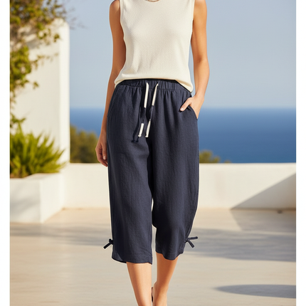 Pantalon En Lin Bleu Marine Ample Décontracté Croisé