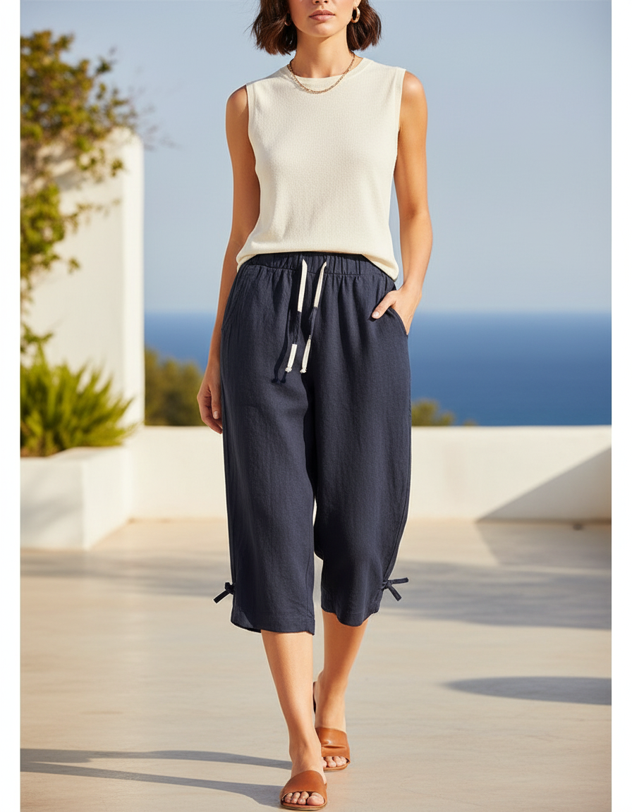 Pantalon En Lin Bleu Marine Ample Décontracté Croisé
