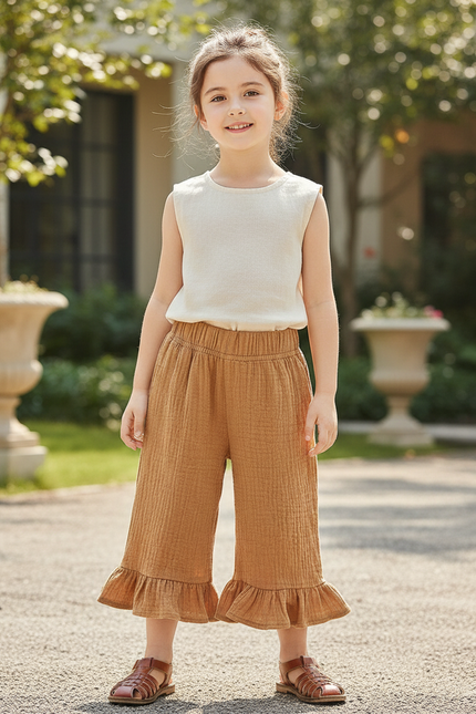 Pantalon En Lin Enfant Marron Ample Volants Coton Confortable