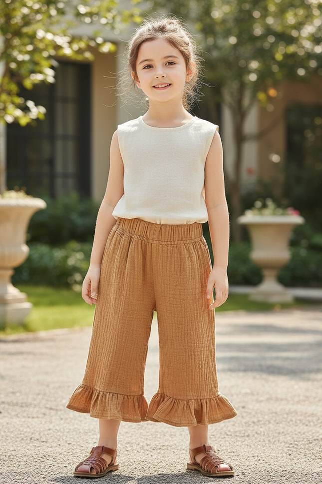 Pantalon En Lin Enfant Marron Ample Volants Coton Confortable