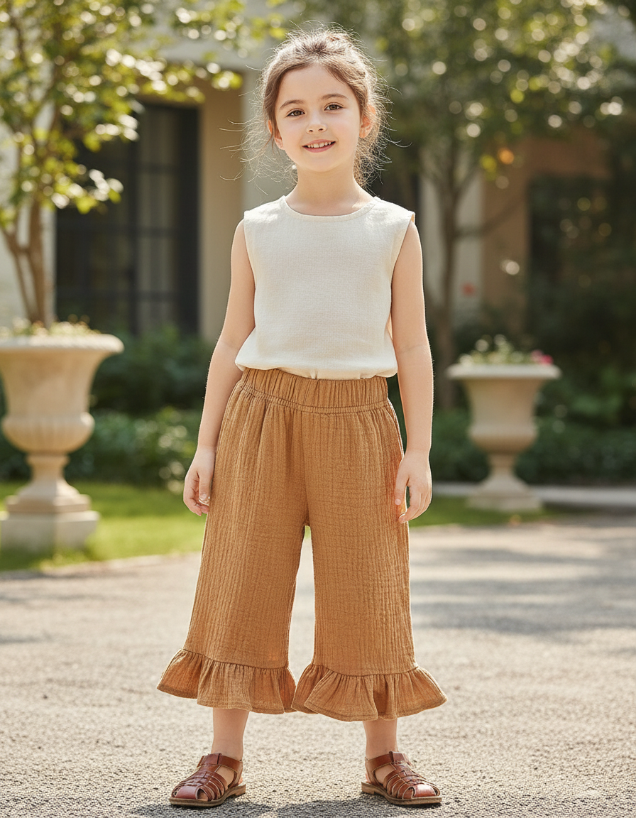Pantalon En Lin Enfant Marron Ample Volants Coton Confortable