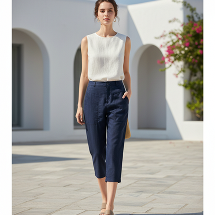 Pantalon En Lin Bleu Marine Coupe Droite Décontracté Femme