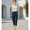 Pantalon En Lin Bleu Marine Coupe Droite Décontracté Femme