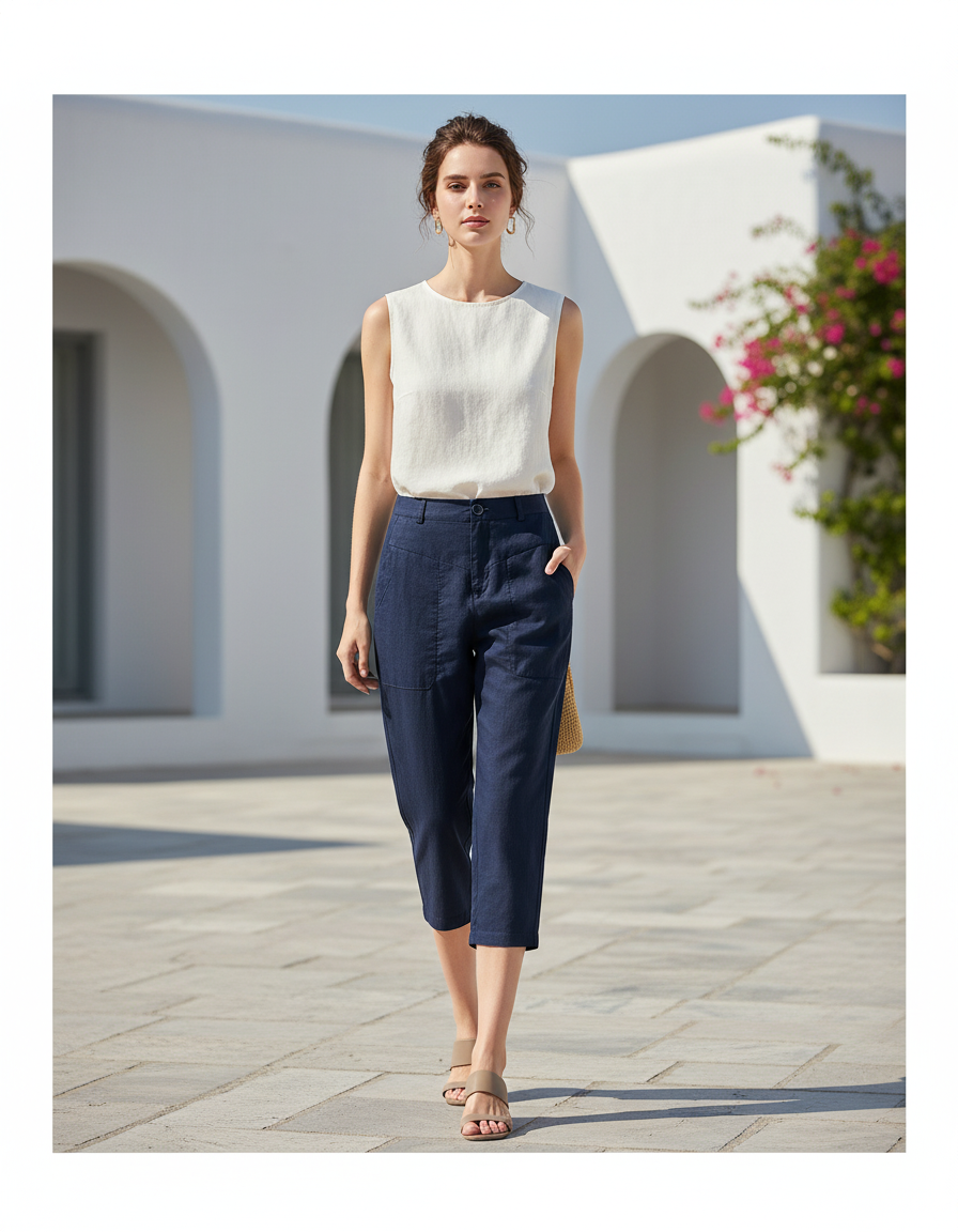 Pantalon En Lin Bleu Marine Coupe Droite Décontracté Femme