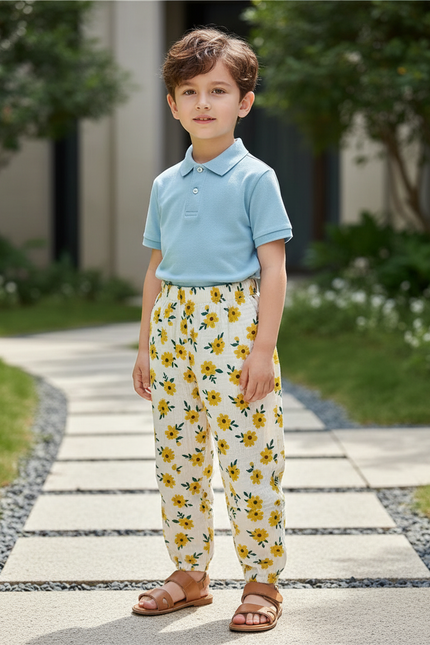 Pantalon En Lin Blanc Ample Motif Floral Enfant - Imprimé