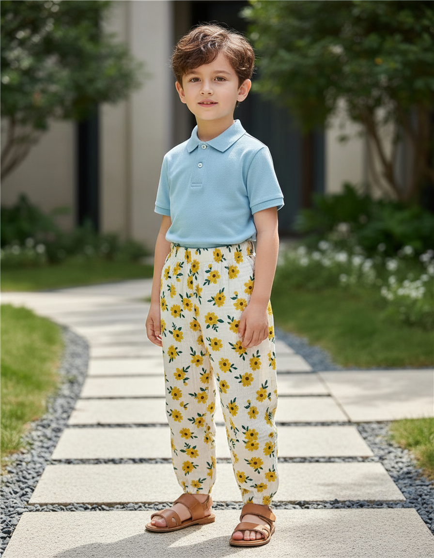 Pantalon En Lin Blanc Ample Motif Floral Enfant - Imprimé