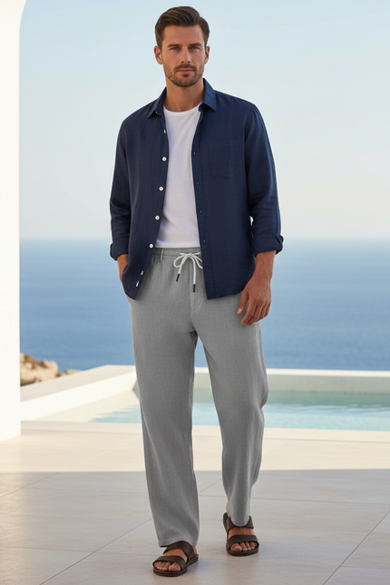 Pantalon En Lin Gris Décontracté Droit Cordon Léger