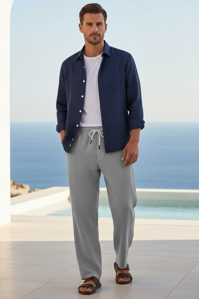 Pantalon En Lin Gris Décontracté Droit Cordon Léger