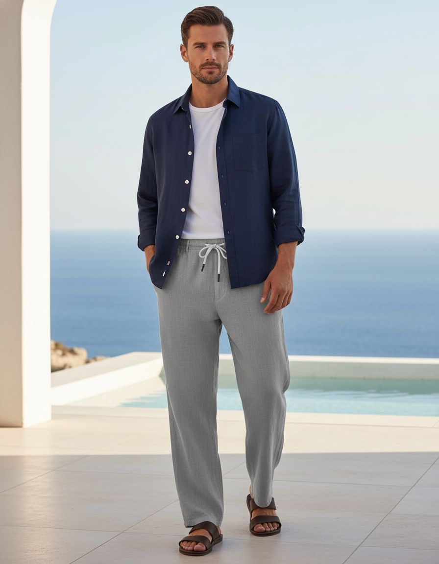 Pantalon En Lin Gris Décontracté Droit Cordon Léger