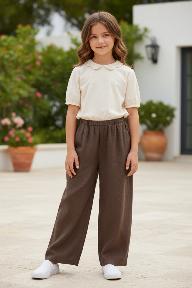 Pantalon En Lin Marron Ample Décontracté Fluide Fille