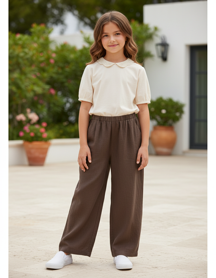 Pantalon En Lin Marron Ample Décontracté Fluide Fille