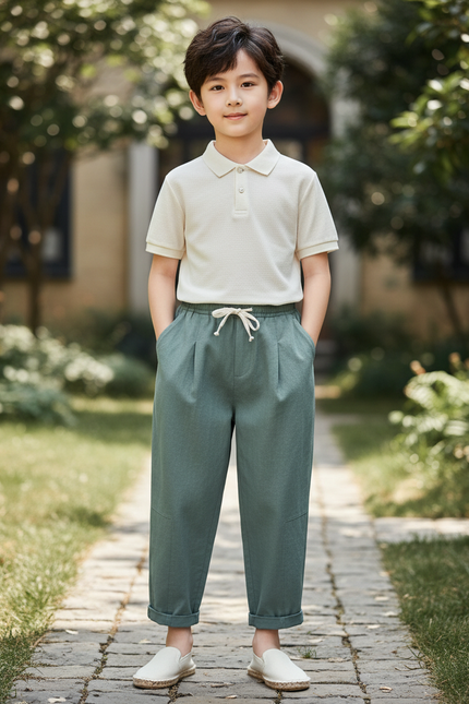 Pantalon En Lin Vert Ample Décontracté Enfant Léger