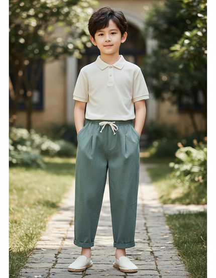 Pantalon En Lin Vert Ample Décontracté Enfant Léger