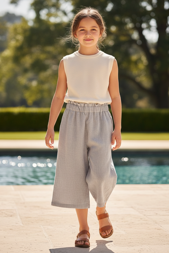 Pantalon En Lin Gris Ample Décontracté Fille Coton