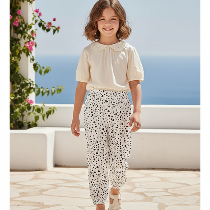 Pantalon En Lin Blanc Imprimé Pois Noir Fille