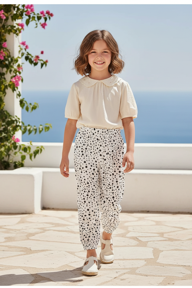 Pantalon En Lin Blanc Imprimé Pois Noir Fille