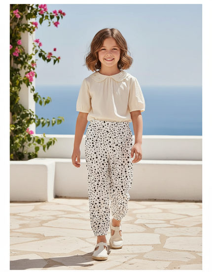 Pantalon En Lin Blanc Imprimé Pois Noir Fille