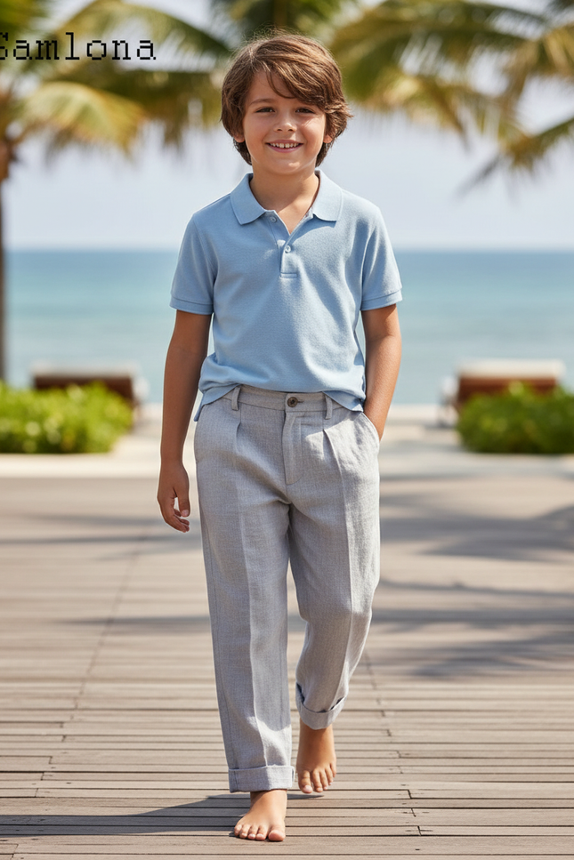 Pantalon En Lin Gris Droit Décontracté Garçon Léger