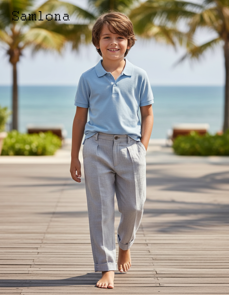 Pantalon En Lin Gris Droit Décontracté Garçon Léger