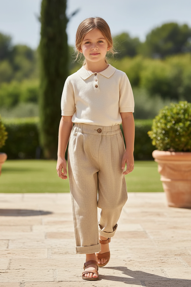 Pantalon En Lin Beige Plissé Ample Enfant