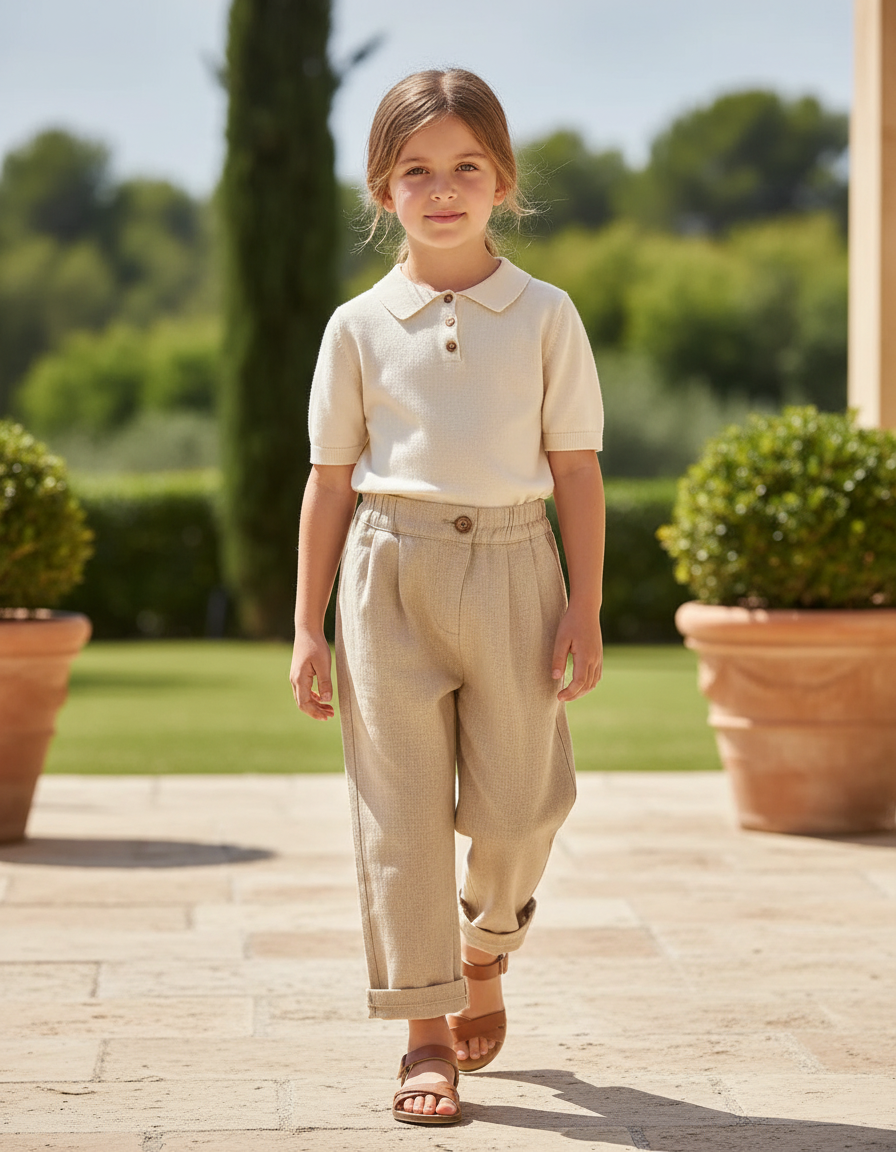 Pantalon En Lin Beige Plissé Ample Enfant