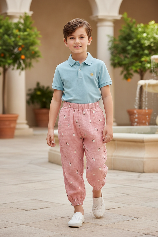 Pantalon En Lin Rose Imprimé Floral Ample Décontracté Enfant
