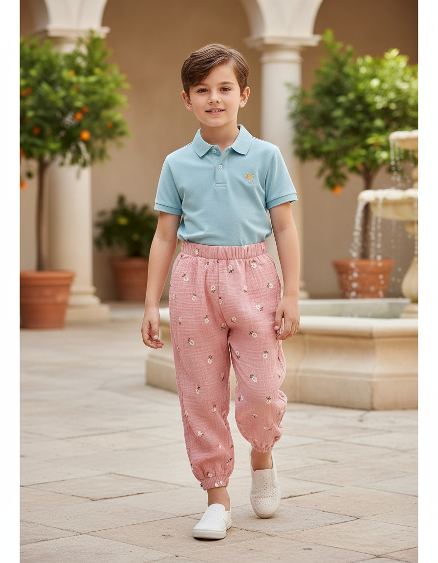 Pantalon En Lin Rose Imprimé Floral Ample Décontracté Enfant