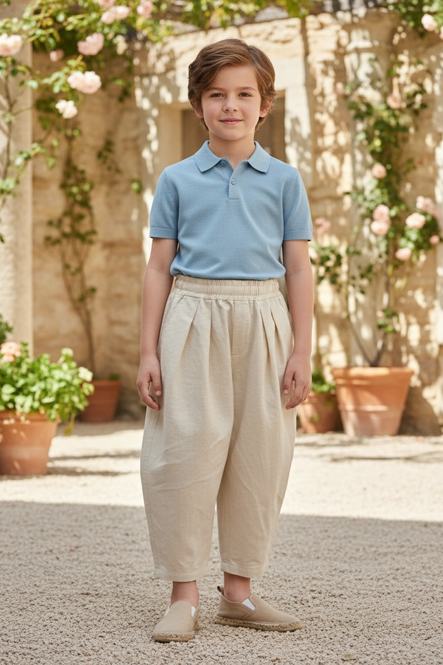 Pantalon En Lin Beige Ample Plissé Décontracté Enfant