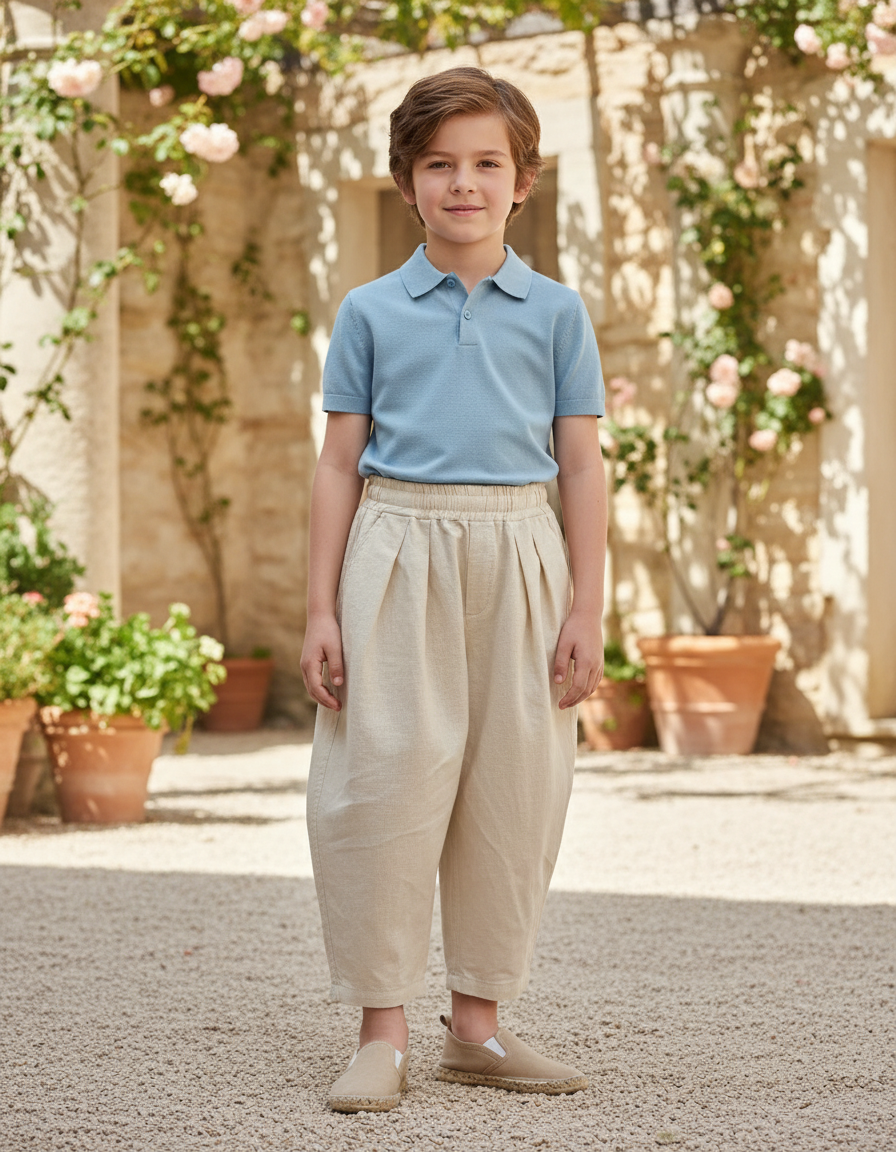 Pantalon En Lin Beige Ample Plissé Décontracté Enfant