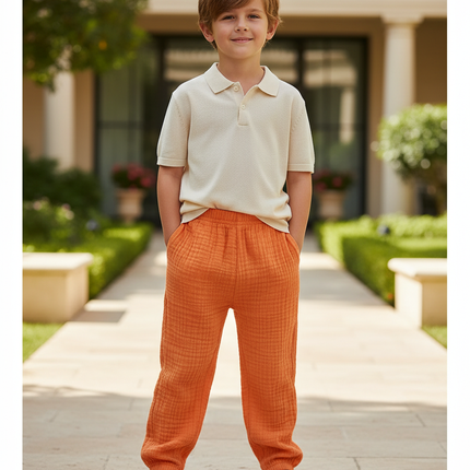 Pantalon En Lin Orange Plissé Ample Respirant Enfants