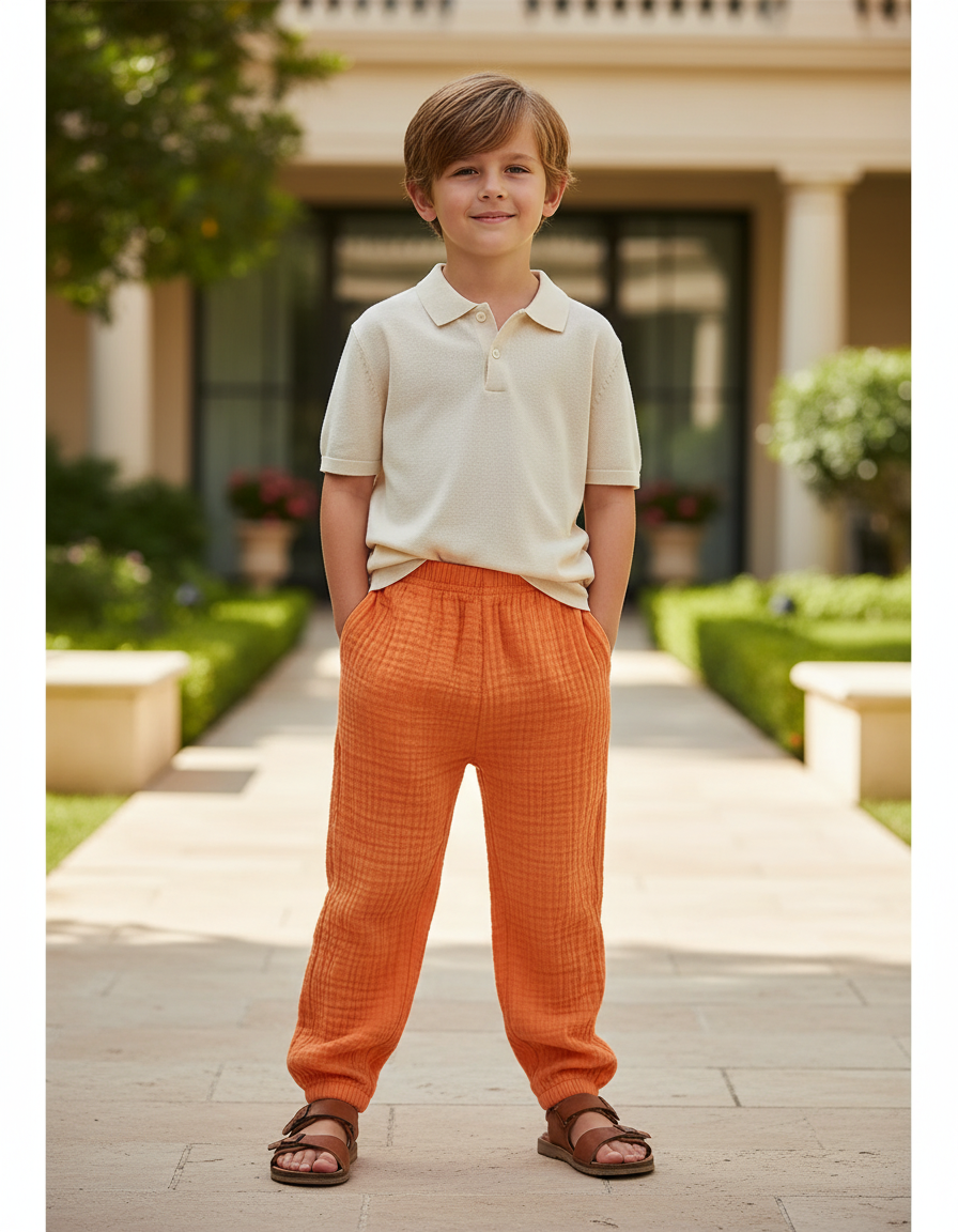 Pantalon En Lin Orange Plissé Ample Respirant Enfants