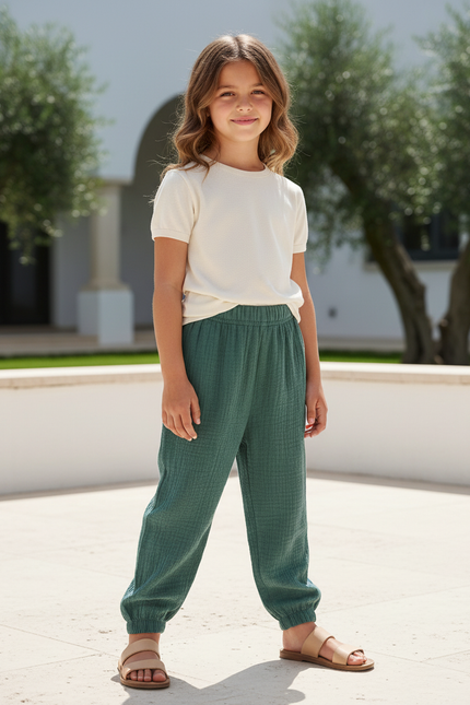 Pantalon En Lin Gaze Vert Ample Enfant