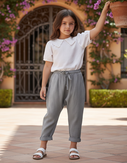 Pantalon En Lin Enfant Gris Harem Coton