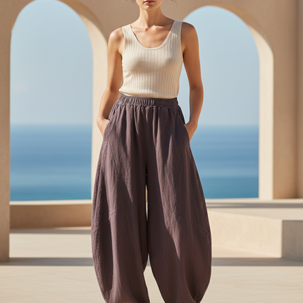 Pantalon En Lin Marron Ample Harem Confortable