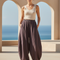 Pantalon En Lin Marron Ample Harem Confortable