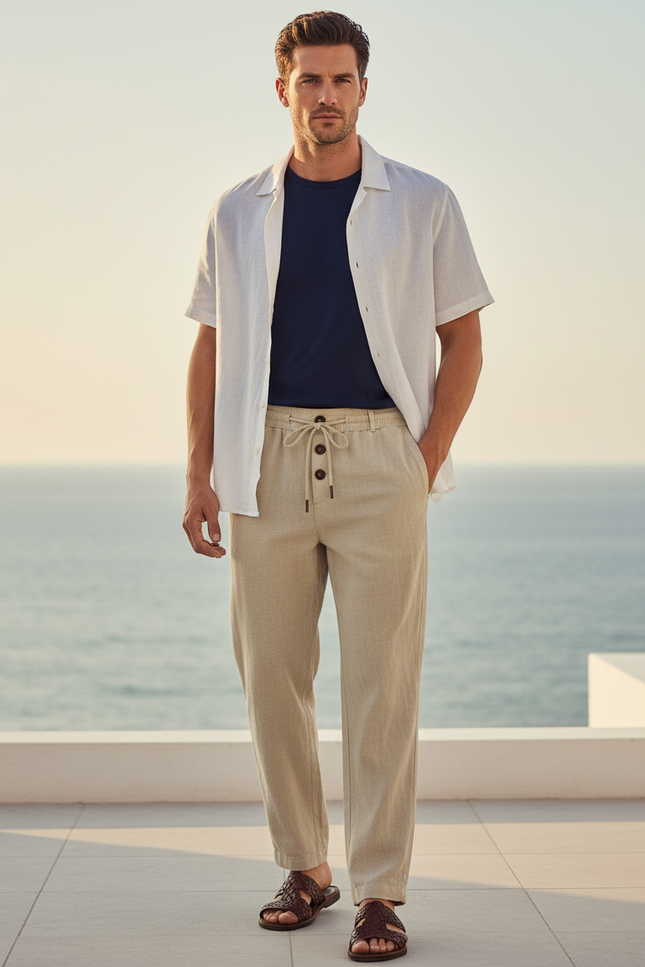 Pantalon En Lin Beige Ample Décontracté Léger Cordon