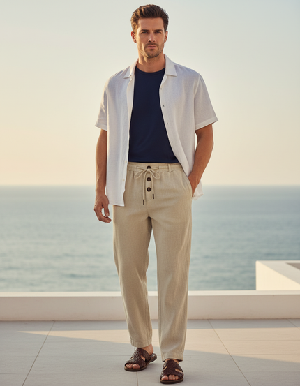 Pantalon En Lin Beige Ample Décontracté Léger Cordon