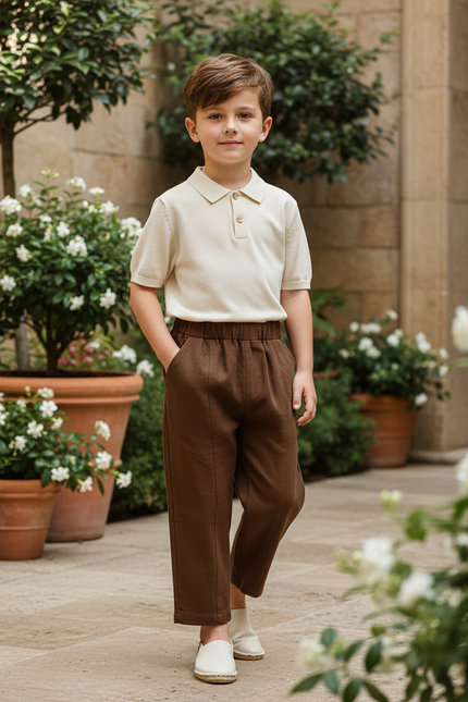 Pantalon En Lin Marron Ample Plissé Enfant Décontracté