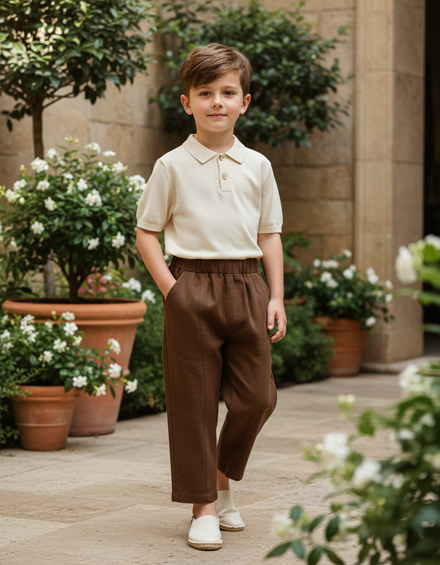 Pantalon En Lin Marron Ample Plissé Enfant Décontracté