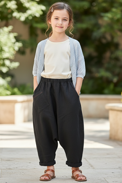 Pantalon En Lin Noir Ample Décontracté Harem Fille